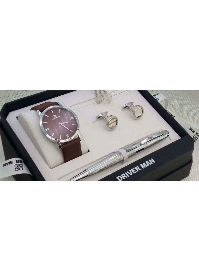 طقم رجالي من الستانلس ستيل مكون من ساعة وسبحة وقلم وازرار اكمام القمصان